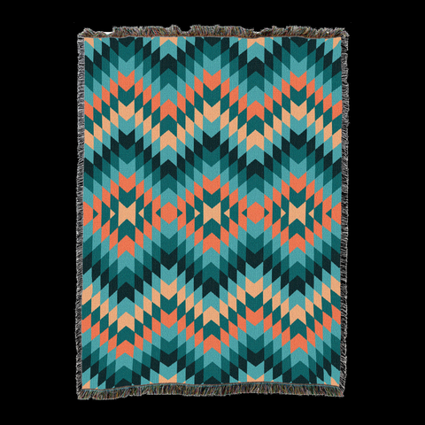 Cactus Blooming cotton throw blanket in a bright flame stitch zigzag of turquoise and coral on cream