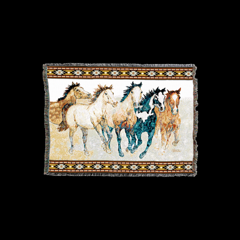 Landscape cotton tapestry throw woven with five running horses, a paint, a palomino, a buckskin and two greys, on a pale desert ground with narrow
