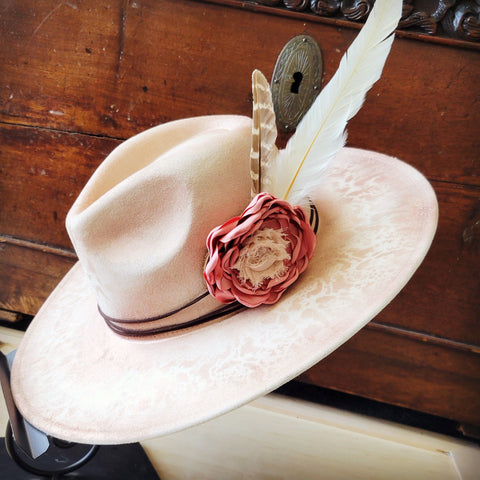 Hand-painted cowgirl western boho felt hat with a leather band