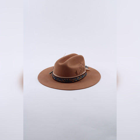 Gypsy Soul tan flat brim wool western hat with hand-burned sunset design
