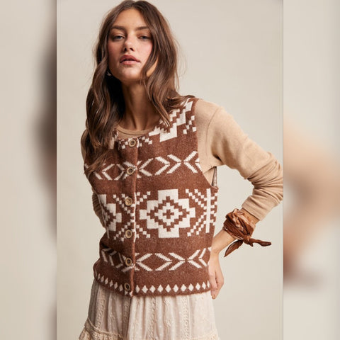 Brown and cream southwestern knit button vest