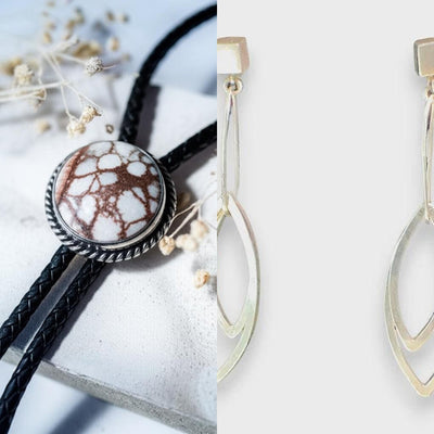Wildflower Artisans Santa Fe jewelry set featuring a Wild Horse stone bolo tie and sterling silver leaf dangle earrings