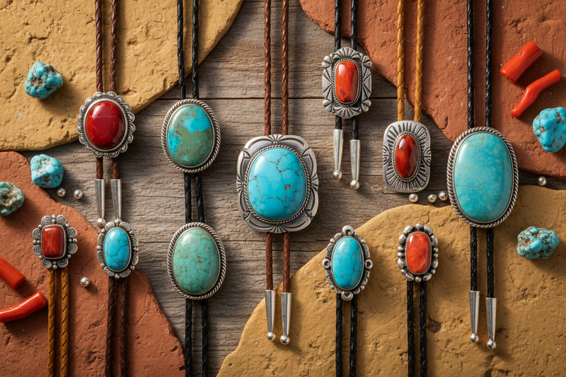 Handcrafted Navajo bolo ties with turquoise, White Buffalo, and Wild Horse stones