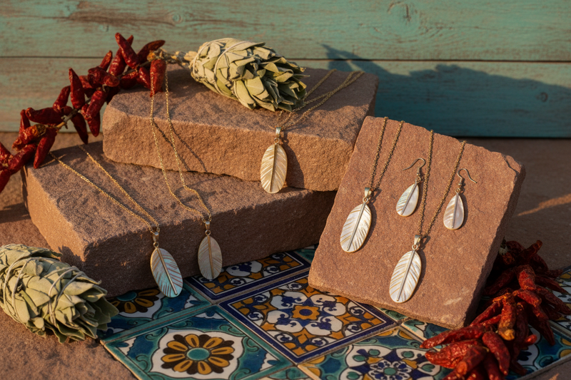 Mother of Pearl Jewelry Pieces showcased in a Southwest Santa Fe Vibe