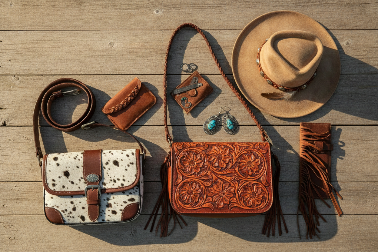 Cowgirl Chic Accessories: cowhide and tooled leather shoulder bag with long turquoise fringe