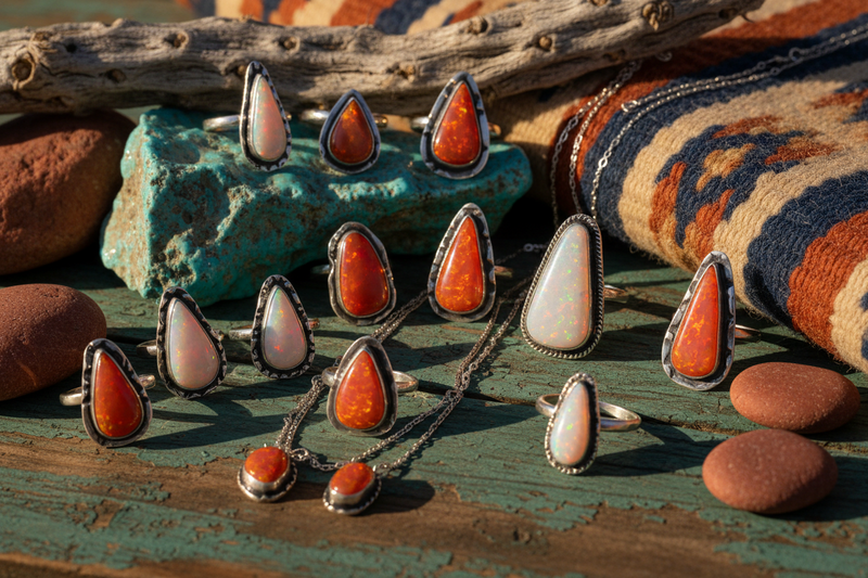 Opal Jewelry Pieces showcased in a Southwest Santa Fe Vibe