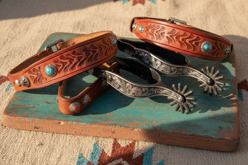 An antiqued brown longhorn show spur with an engraved silver band beside a pair of floral tooled chestnut leather spur straps with silver conchos