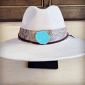 Pearl floral tooled leather hat band with a turquoise-look slab, additional view