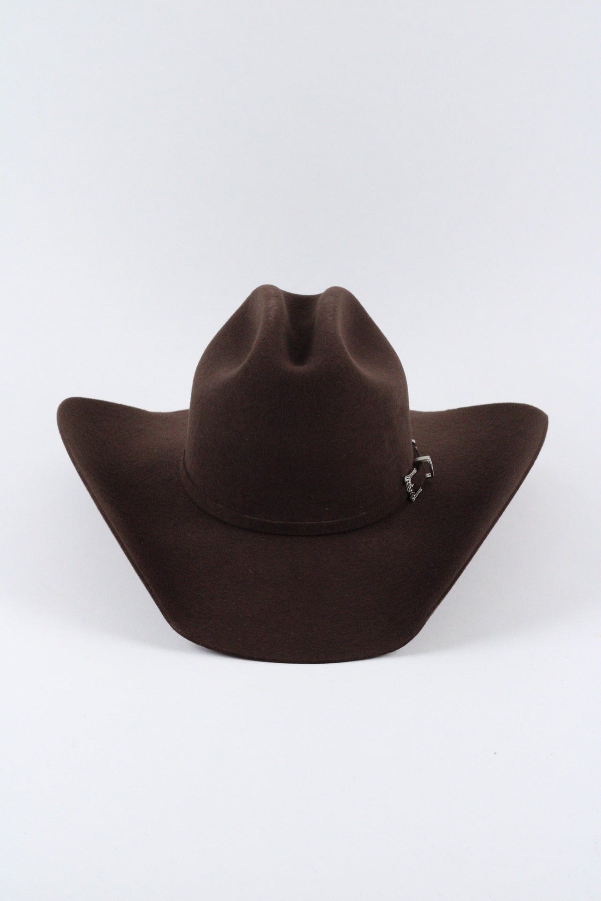 Front view of the chocolate brown Wren merino wool cowboy hat showing the curved stiff brim and matching band