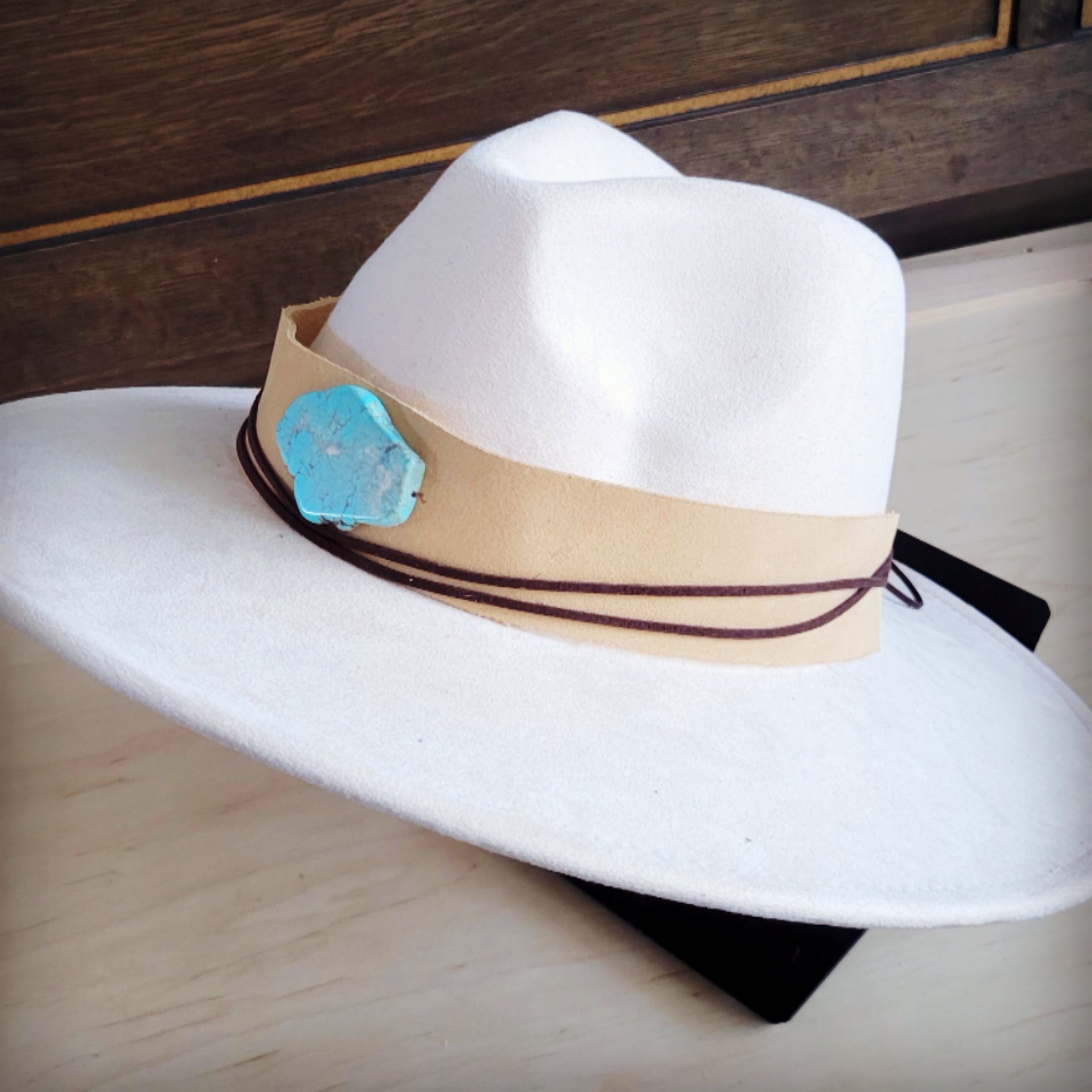 Bone suede hat band with a turquoise-look slab, additional view