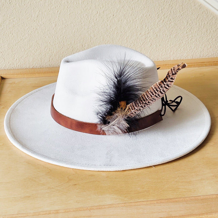 Brown leather hat band with feather accents