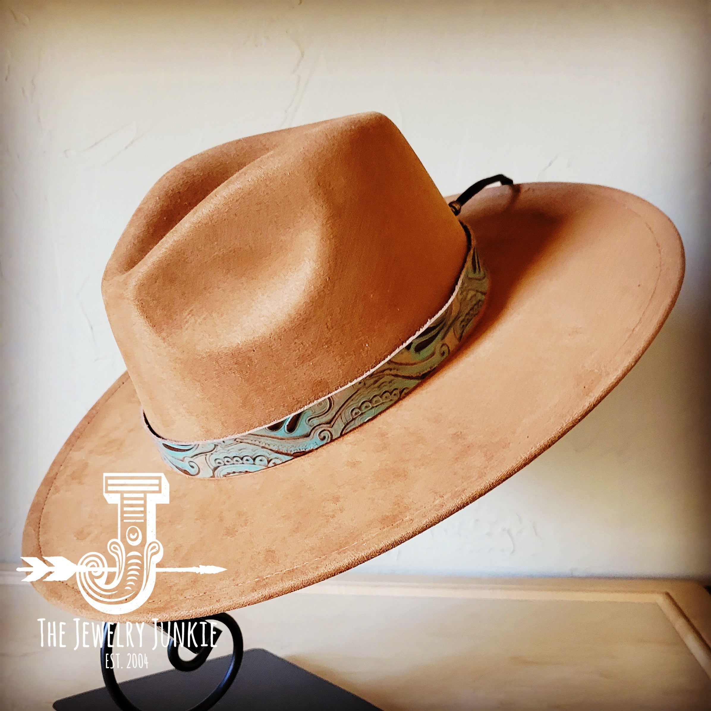 Napolis turquoise and brown tooled leather hat band