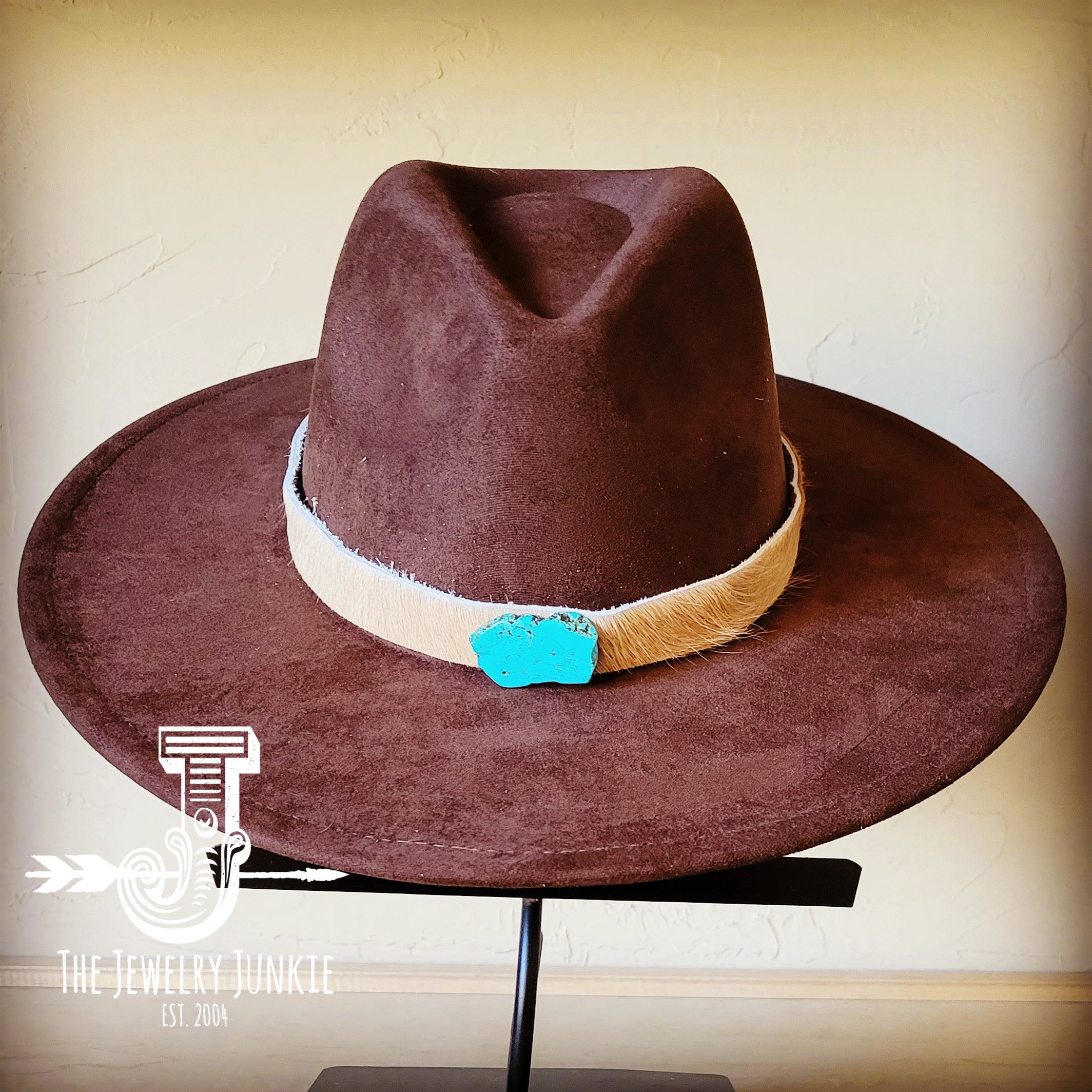 Light Hair-on-Hide Leather Hat Band with Turquoise Slab