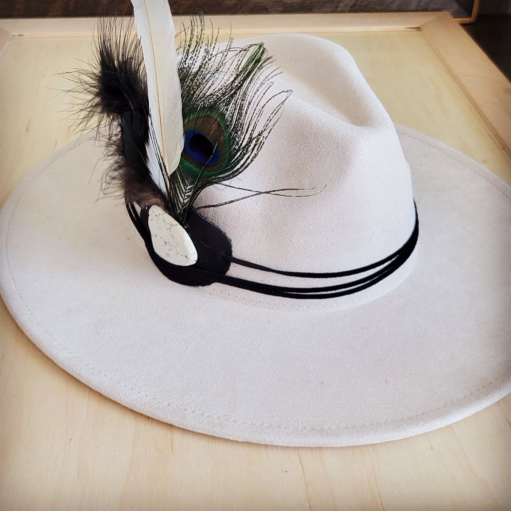 Peacock and White Feather Leather Hat Band with Turquoise