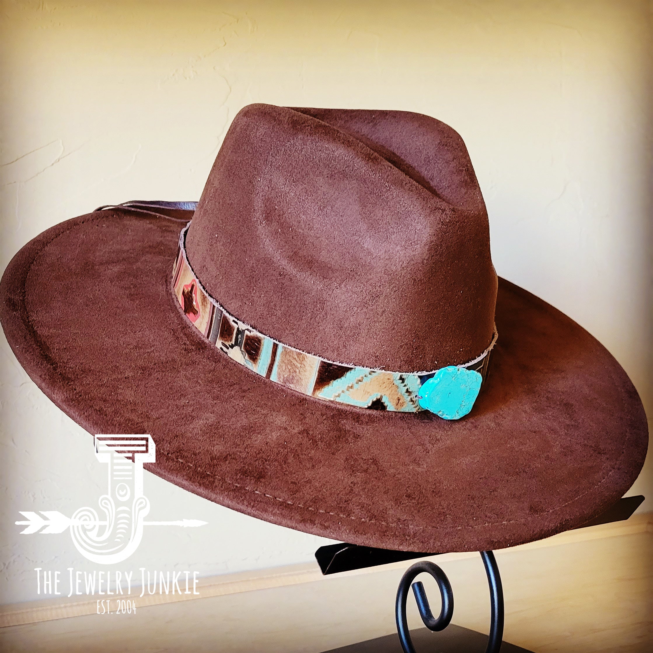 Navajo embossed leather hat band set with a turquoise slab