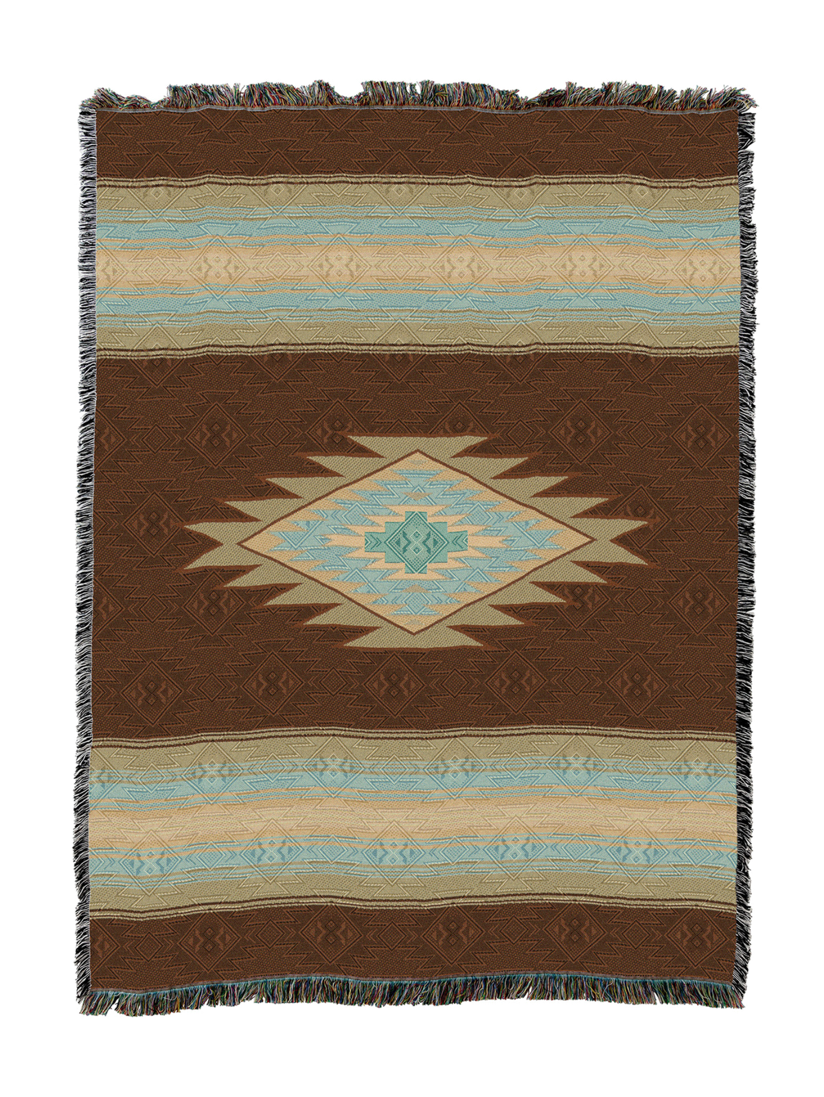 Southwest Diamond cotton throw in the Bark colorway, a pale blue stepped diamond centered on a dark brown ground with pale blue and tan bands