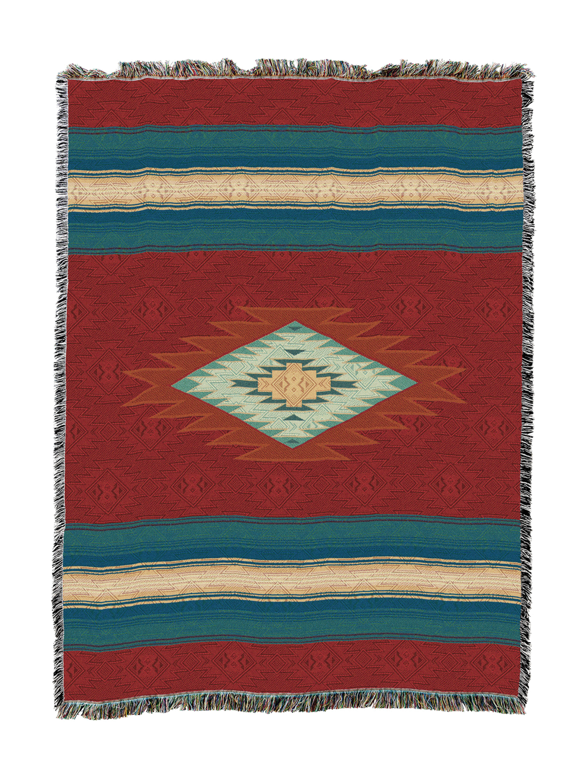 Southwest Diamond cotton throw in the Rust colorway, a cream and teal stepped diamond centered on a deep red ground with cream and teal stripe bands
