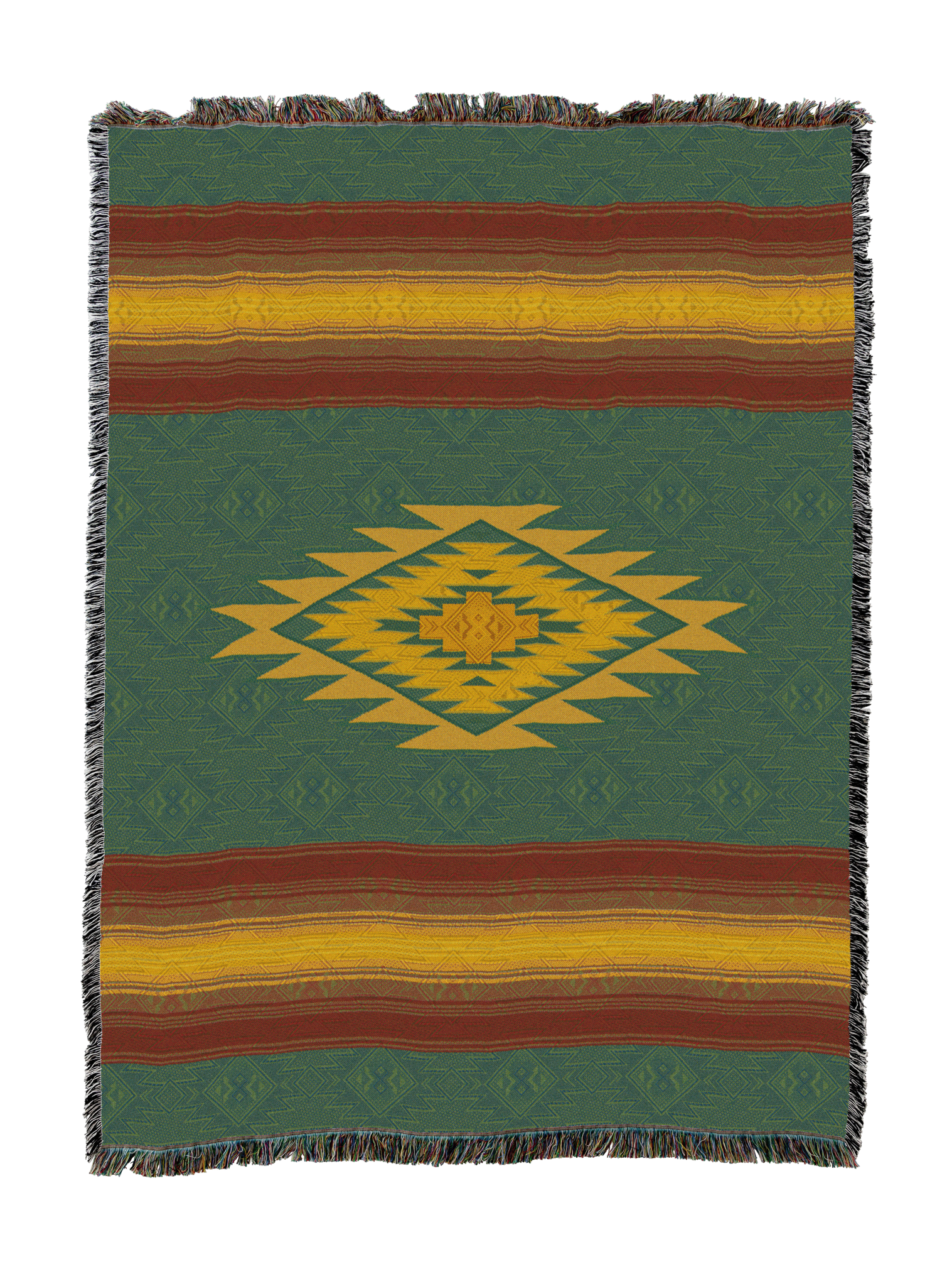Southwest Diamond cotton throw in the Moss colorway, a gold stepped diamond centered on a green ground with gold and rust bands
