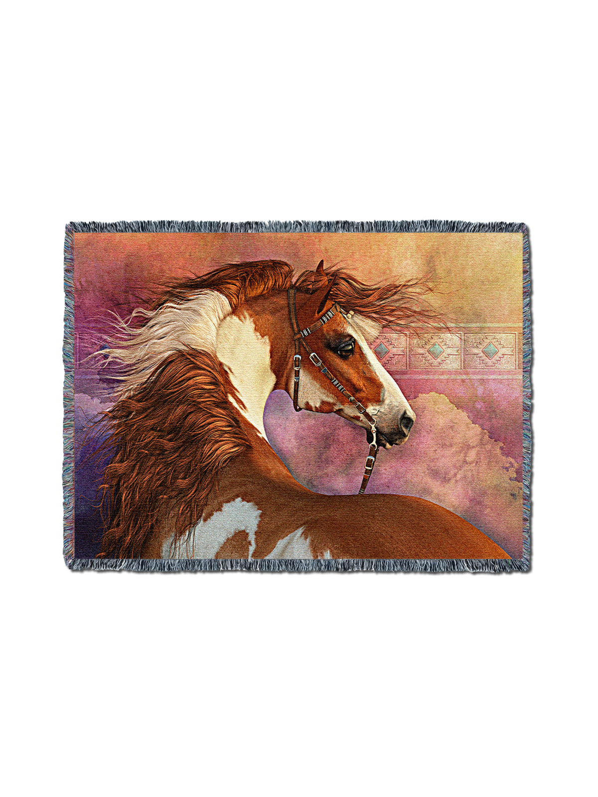 Heart of the West cotton tapestry throw in size L, a chestnut and white paint horse with a blowing mane against a pink and violet sky