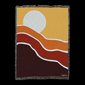 70s Sunset cotton throw blanket, pale moon over gold, orange, rust and oxblood desert hills, fringed edges