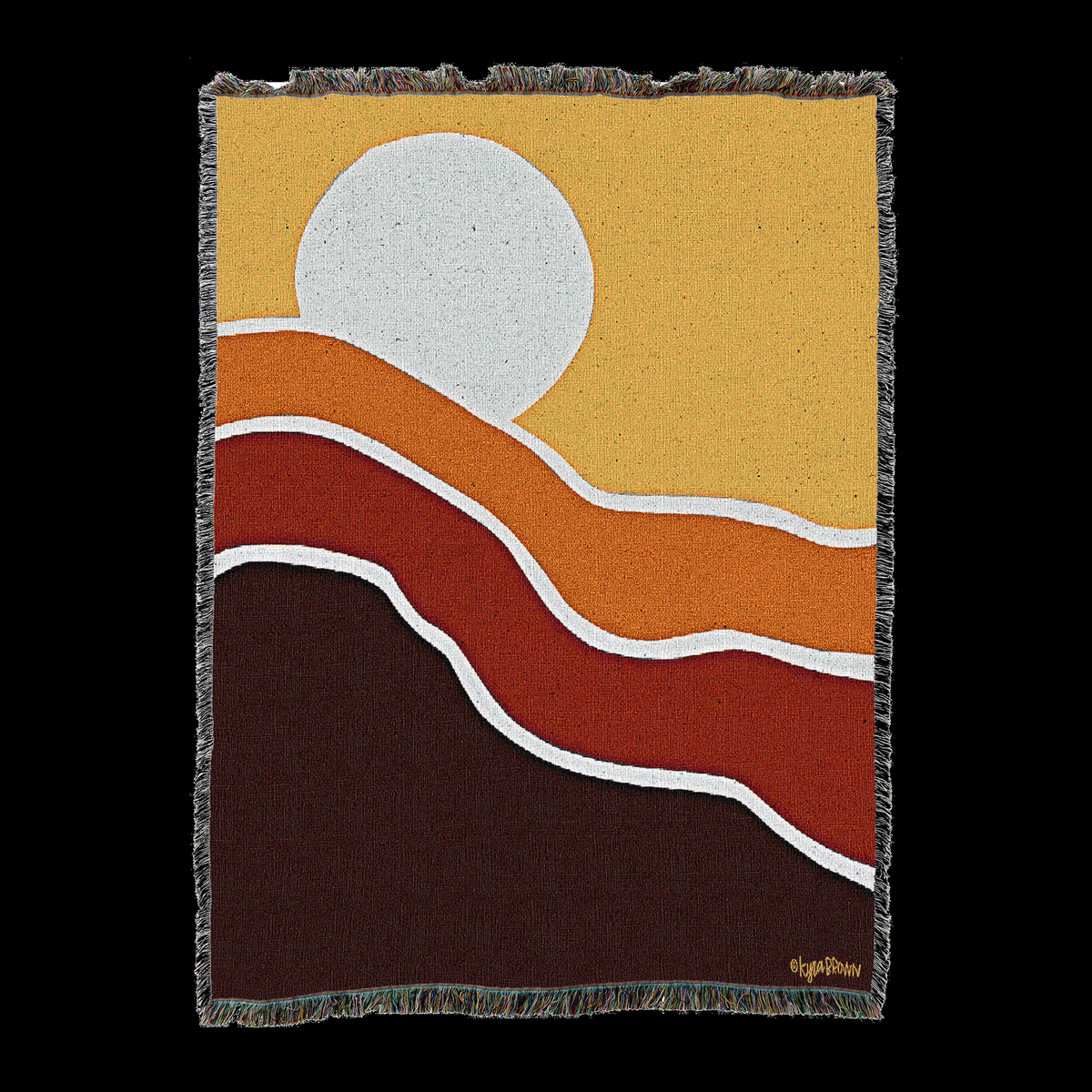 70s Sunset cotton throw blanket, pale moon over gold, orange, rust and oxblood desert hills, fringed edges