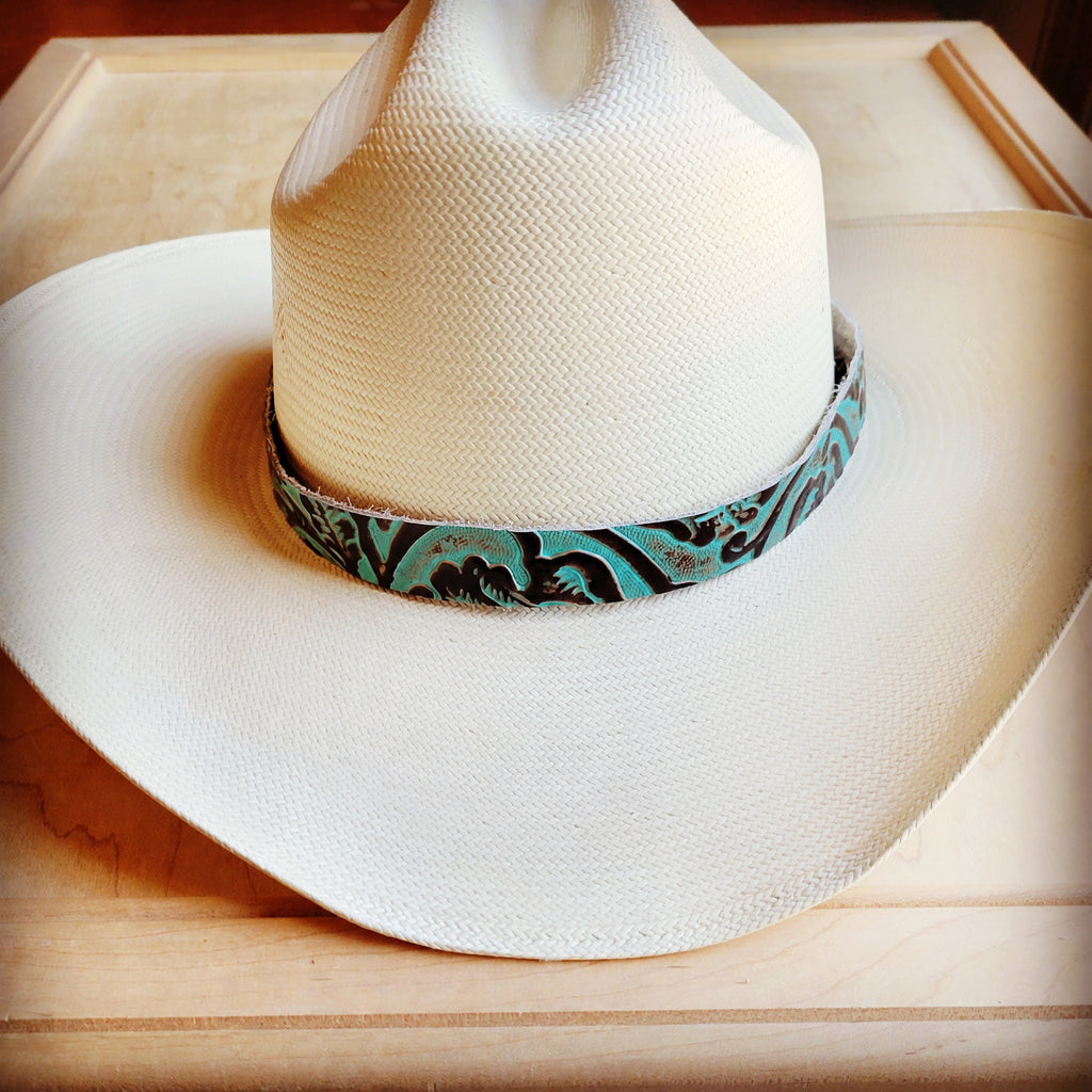 Turquoise cowboy embossed leather hat band, additional view, view 3