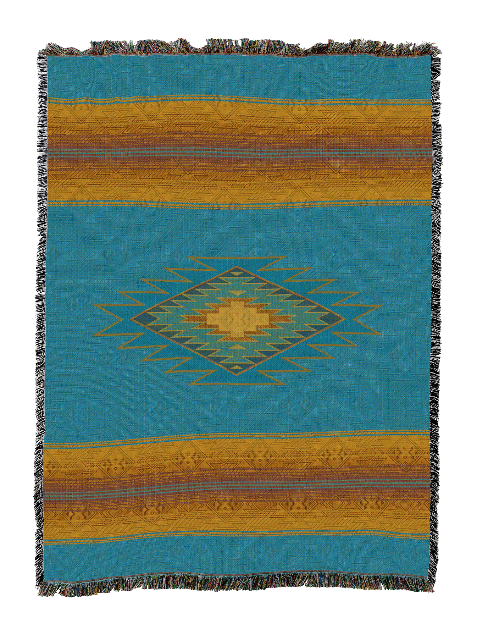 Southwest Diamond cotton throw in the Peacock colorway, a gold stepped diamond centered on a bright teal ground with gold and rust bands