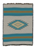 Southwest Diamond cotton throw in the Deep Teal colorway, a single teal stepped diamond centered on a pale grey ground with teal and gold bands top and bottom