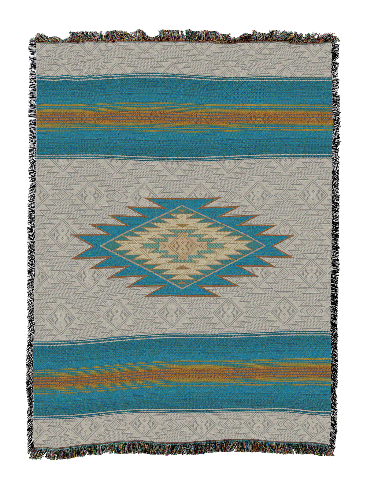 Southwest Diamond cotton throw in the Deep Teal colorway, a single teal stepped diamond centered on a pale grey ground with teal and gold bands top and bottom
