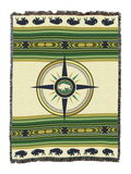 Call of the Wild West cotton throw in the Fern colorway, a navy compass rose with a bison medallion on cream, bison borders and green and olive stripes