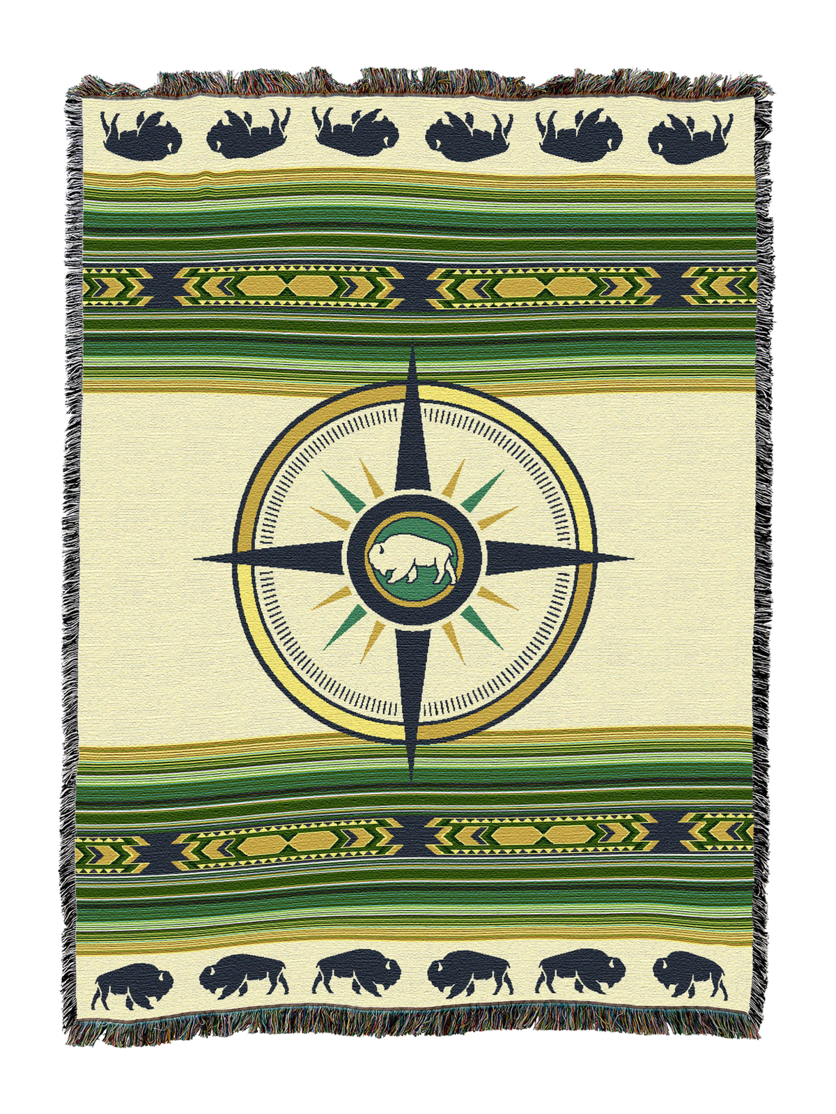 Call of the Wild West cotton throw in the Fern colorway, a navy compass rose with a bison medallion on cream, bison borders and green and olive stripes