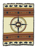Call of the Wild West cotton throw in the Clay colorway, a navy compass rose with a bison medallion on cream, bison borders and rust and brown stripes