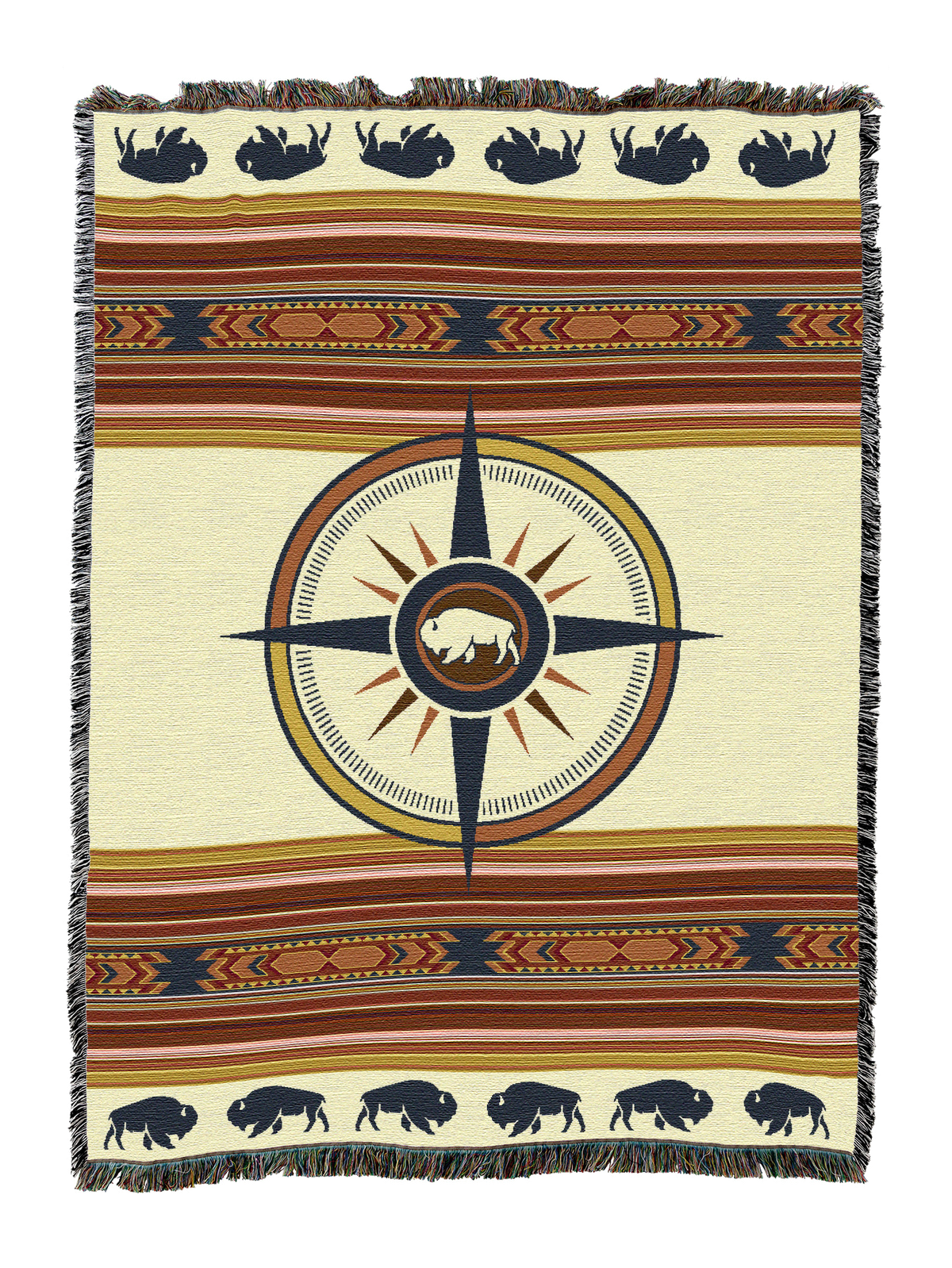 Call of the Wild West cotton throw in the Clay colorway, a navy compass rose with a bison medallion on cream, bison borders and rust and brown stripes