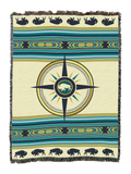 Call of the Wild West cotton throw in the Lakes colorway, a navy compass rose with a bison medallion on cream, bison borders and teal and blue stripes