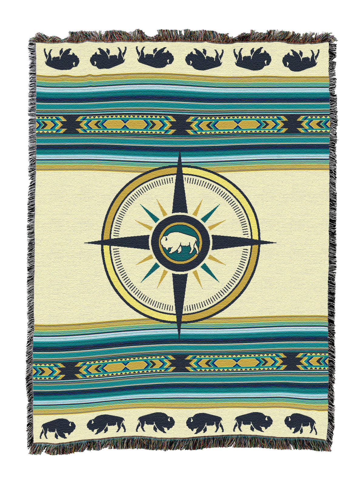 Call of the Wild West cotton throw in the Lakes colorway, a navy compass rose with a bison medallion on cream, bison borders and teal and blue stripes