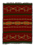 Deep russet cotton throw blanket with horizontal bands of gold, green and cream southwestern geometry, a chain of stretched diamonds through the center and rows of small stylized bird figures