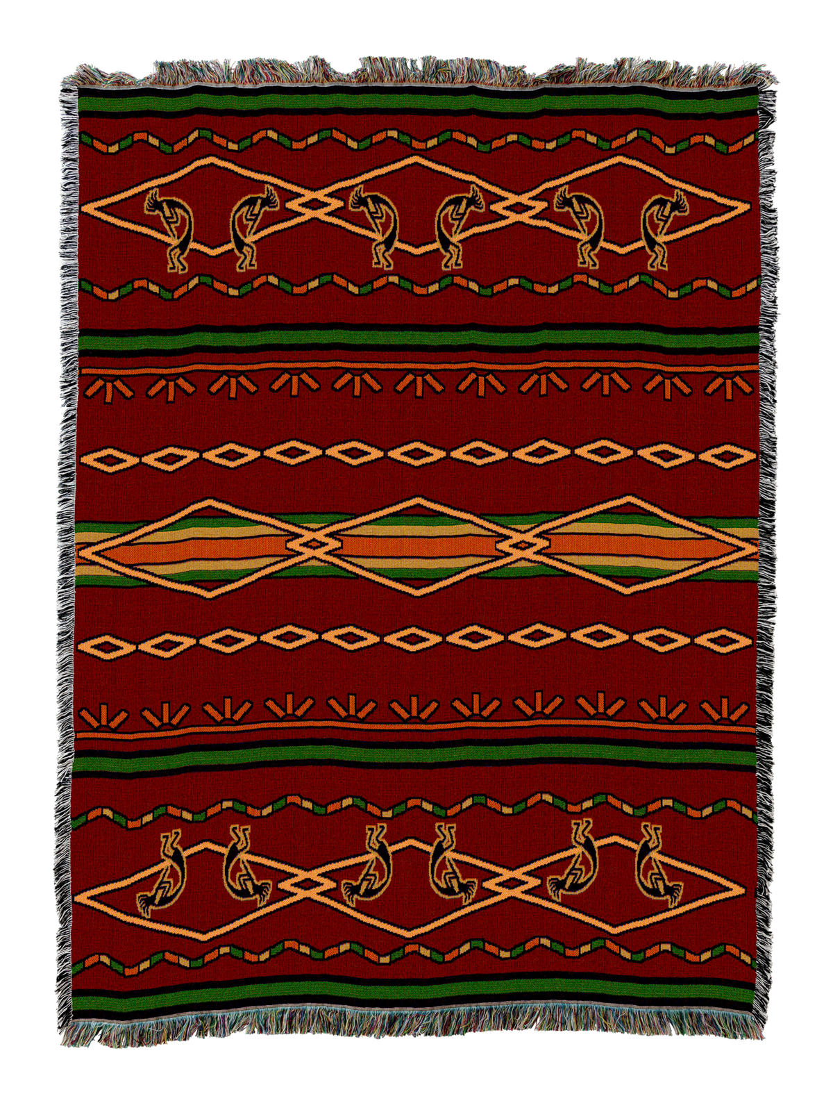 Deep russet cotton throw blanket with horizontal bands of gold, green and cream southwestern geometry, a chain of stretched diamonds through the center and rows of small stylized bird figures