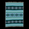 Turquoise chevron cotton throw blanket in teal, turquoise, navy and pale blue with diamond medallion bands and fringed edges