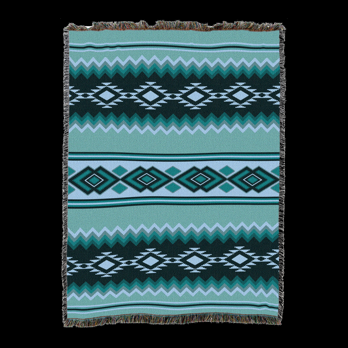 Turquoise chevron cotton throw blanket in teal, turquoise, navy and pale blue with diamond medallion bands and fringed edges