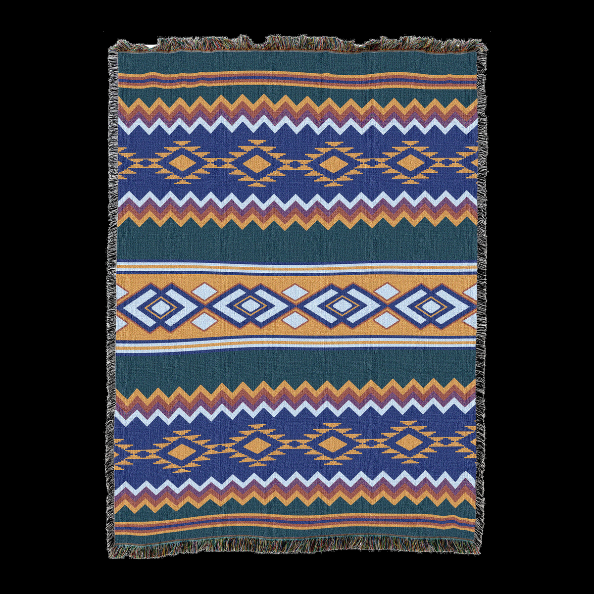 Sunset stripe Southwest cotton throw blanket in navy and teal with orange, gold and blue banded geometry and diamond medallions, fringed