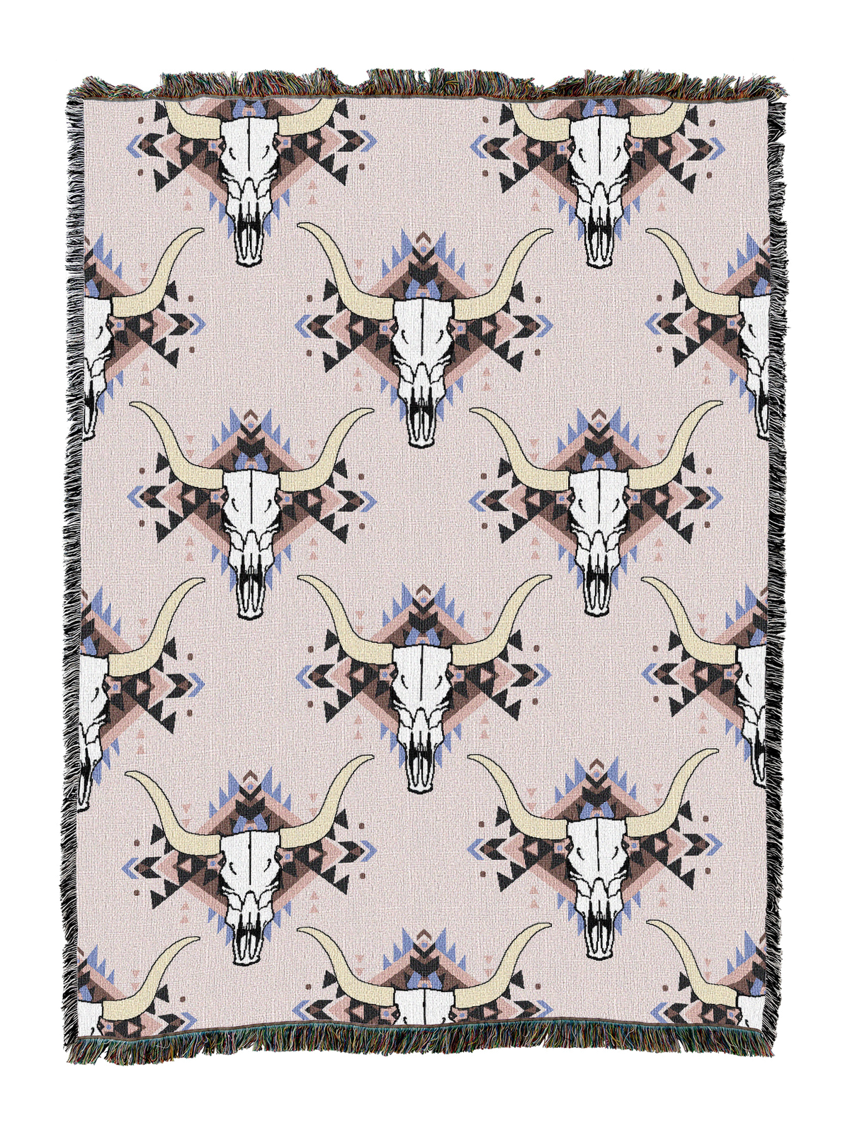 Steer skull cotton throw in the Cream colorway, repeating longhorn skulls in grey and tan with lavender accents on a pale pink white ground