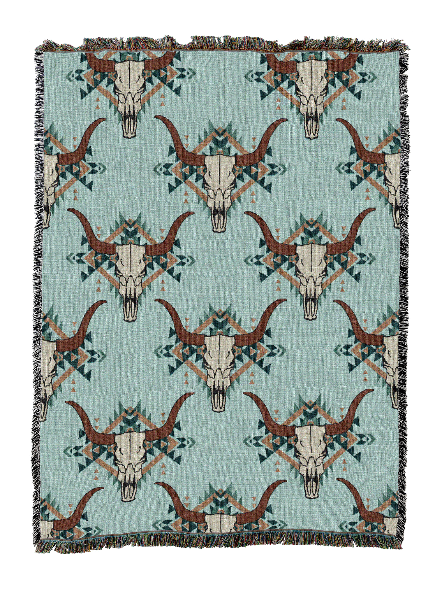 Steer skull cotton throw in the Fiesta colorway, repeating longhorn skulls with rust horns and teal accents on a soft sage blue ground