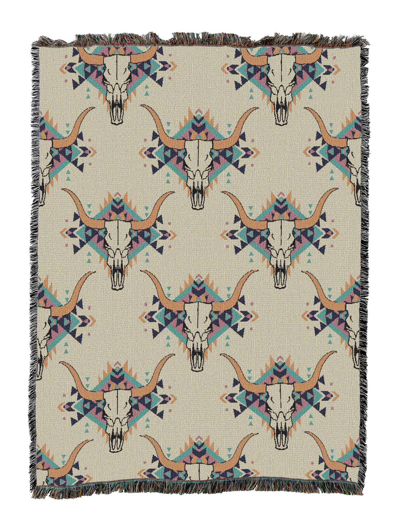 Steer skull cotton throw in the White colorway, repeating longhorn skulls in tan with blue and teal accents on an ivory ground