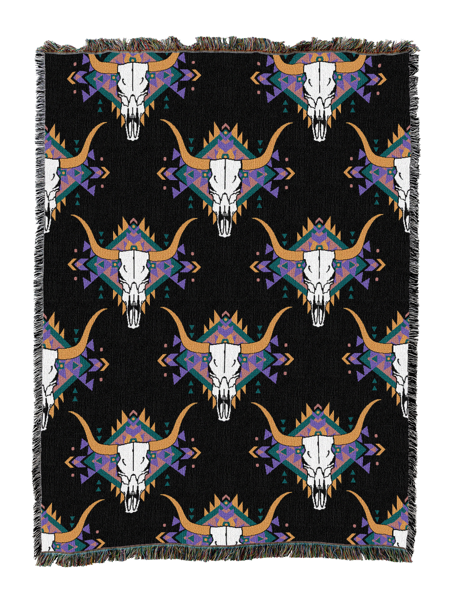 Steer skull cotton throw in the Black colorway, repeating longhorn skulls in white and tan with purple and orange feather accents on a black ground