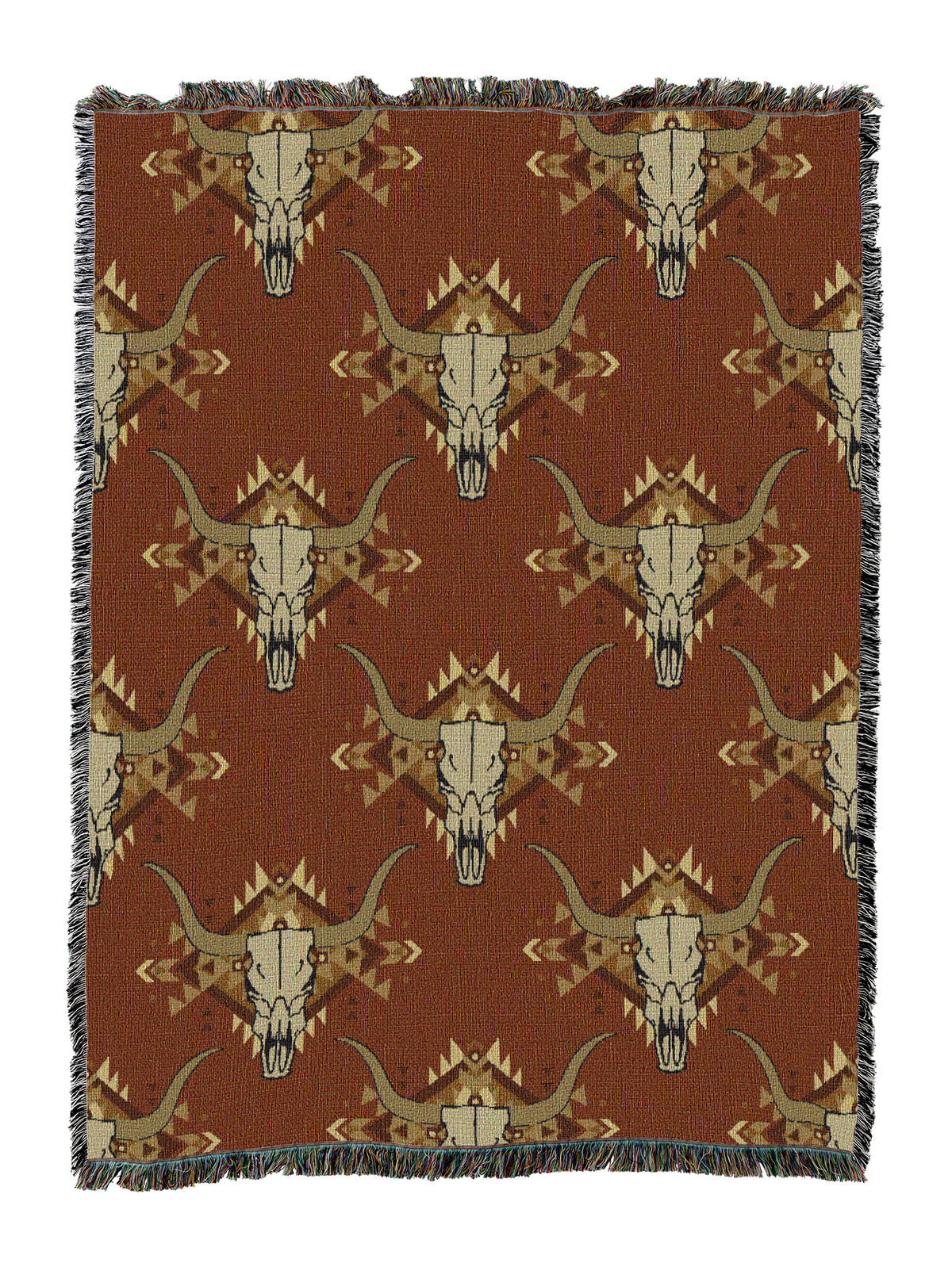 Steer skull cotton throw in the Orange colorway, repeating longhorn skulls in tan and cream on a warm rust brown ground