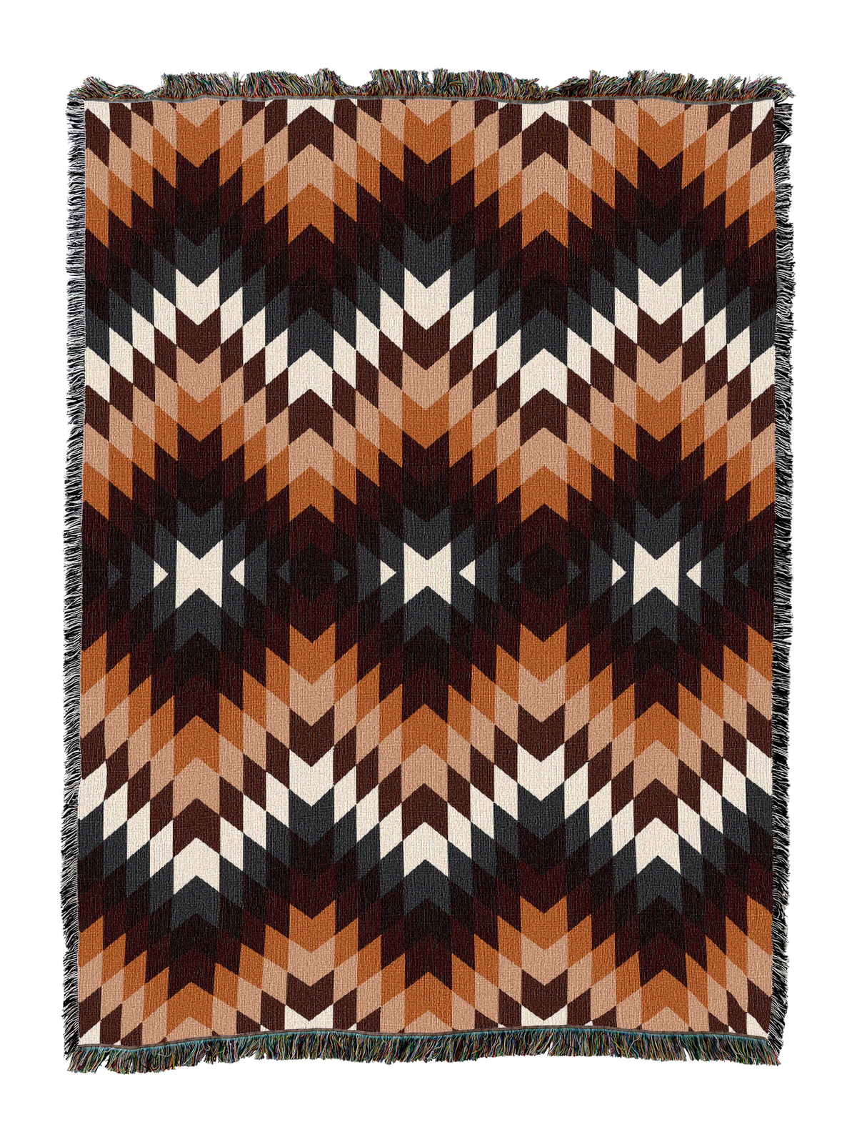 Desert Rose cotton throw blanket in an allover flame stitch zigzag of copper, rust, cream and near black brown