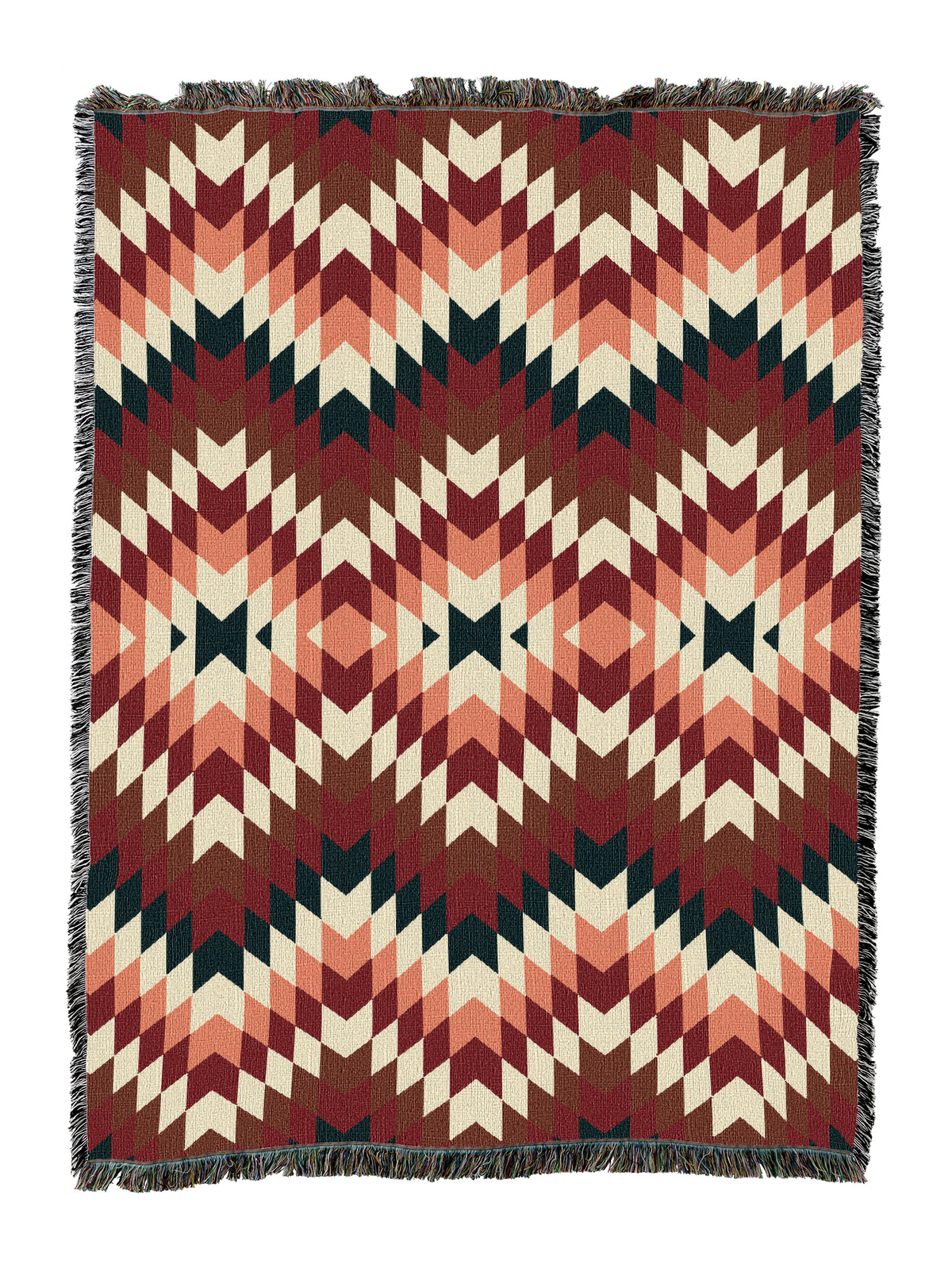 Sandy cotton throw in the Deep Teal colorway, a soft flame stitch zigzag of dusty rose and brick through cream over a dark teal base
