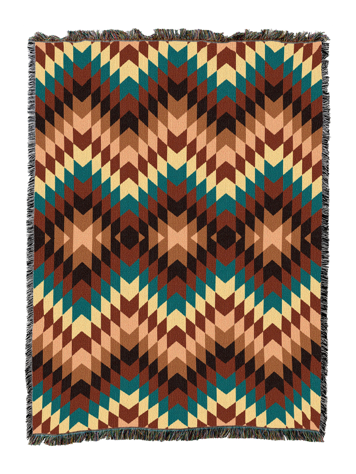 Sandy cotton throw in the Peach colorway, a flame stitch zigzag of peach, tan and teal with dark brown peaks