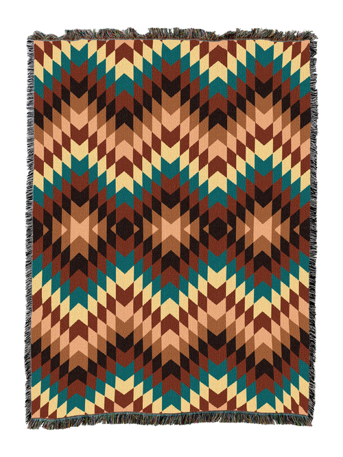 Sandy cotton throw in the Peach colorway, a flame stitch zigzag of peach, tan and teal with dark brown peaks
