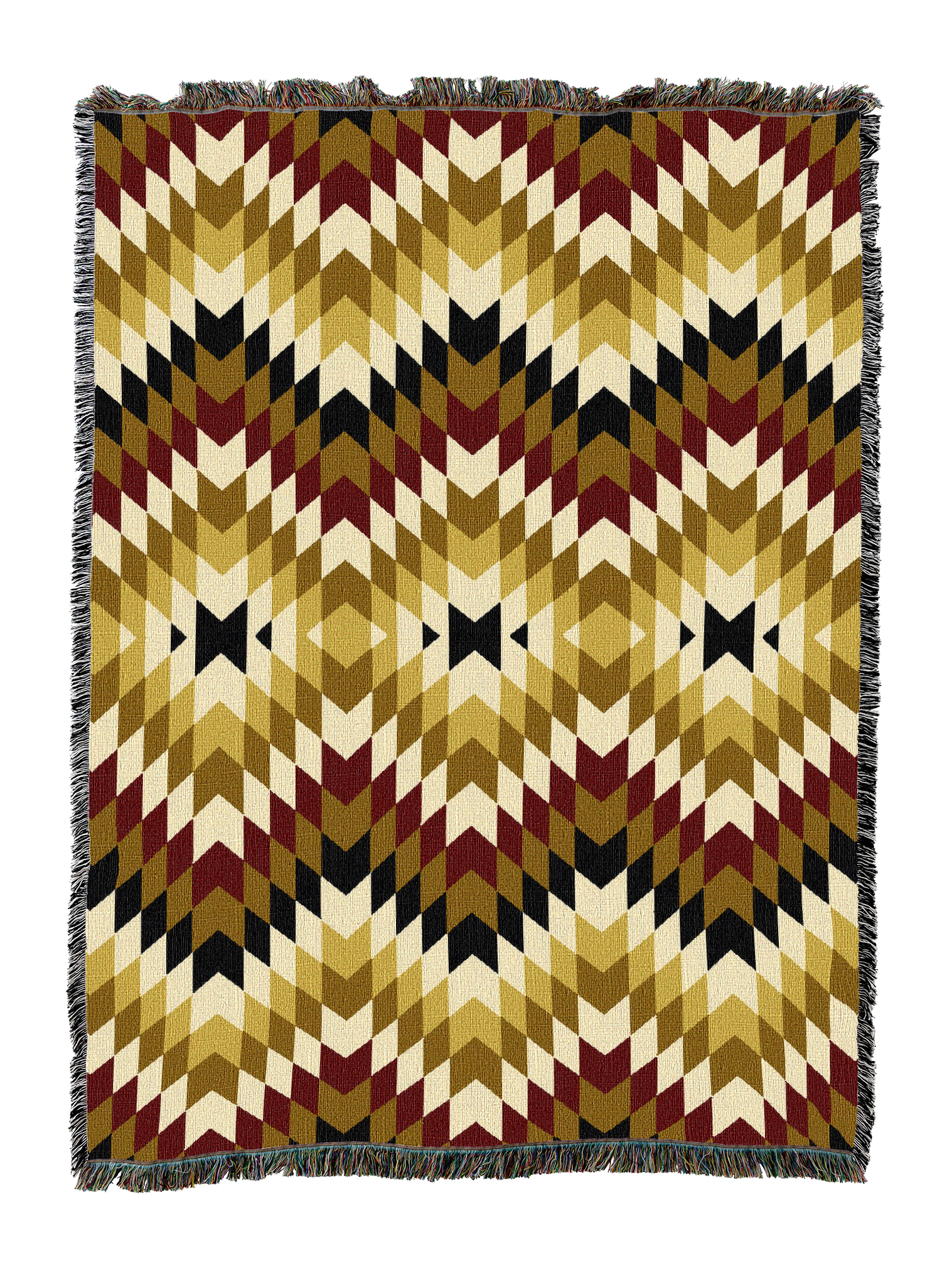 Torched Earth cotton throw blanket in a flame stitch zigzag of olive, gold and chartreuse through cream with deep burgundy anchoring each peak